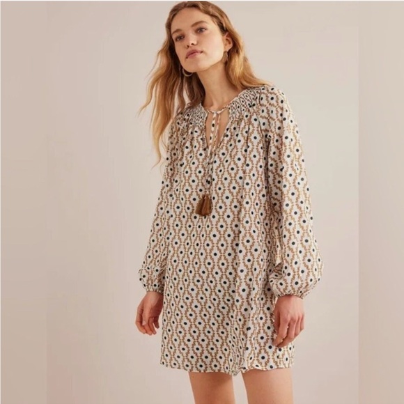 Boden Long Sleeve Geometric Dress in Cream and Brown - Picture 1 of 5